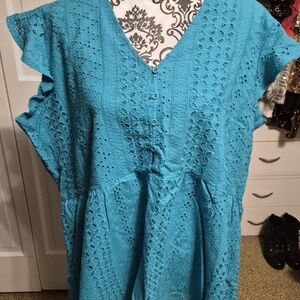 Coco + Carmen Turquoise Eyelet Blouse